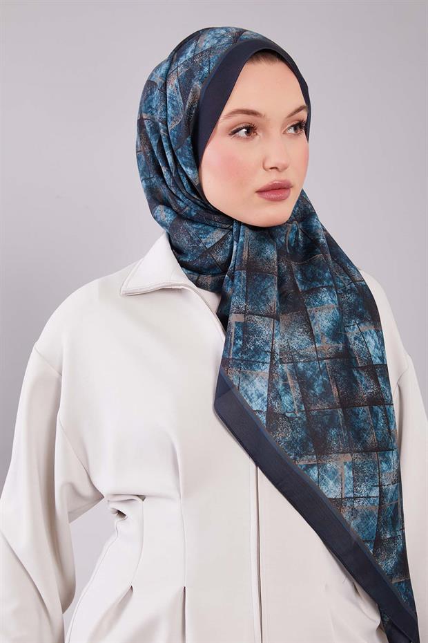 Mavi Baklava Desen Yün İpek Şal