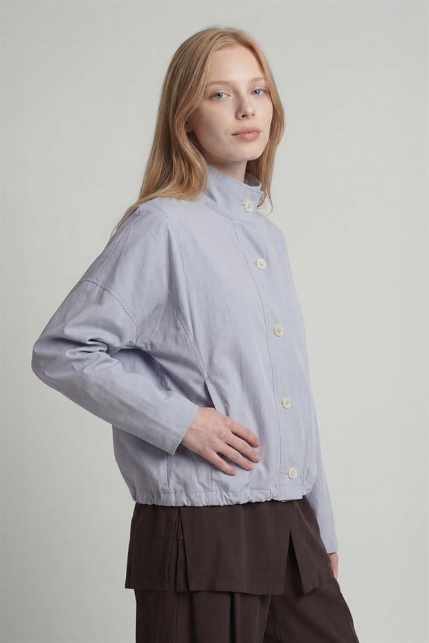 Mavi Bomber Görünümlü Dik Yaka Ceket