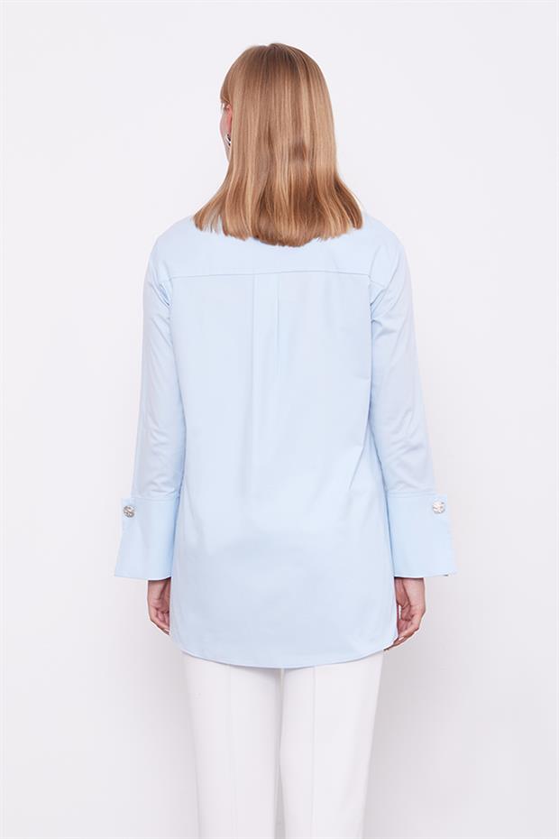 Mavi Broş Düğme Detaylı Gömlek