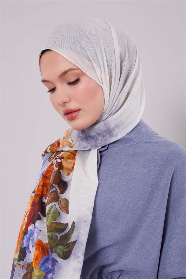 Mavi Çiçek Dalı Desen Pamuk Şal