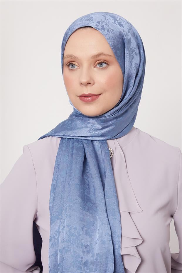 Mavi Çiçek Desen İtalyan Jakar Şal