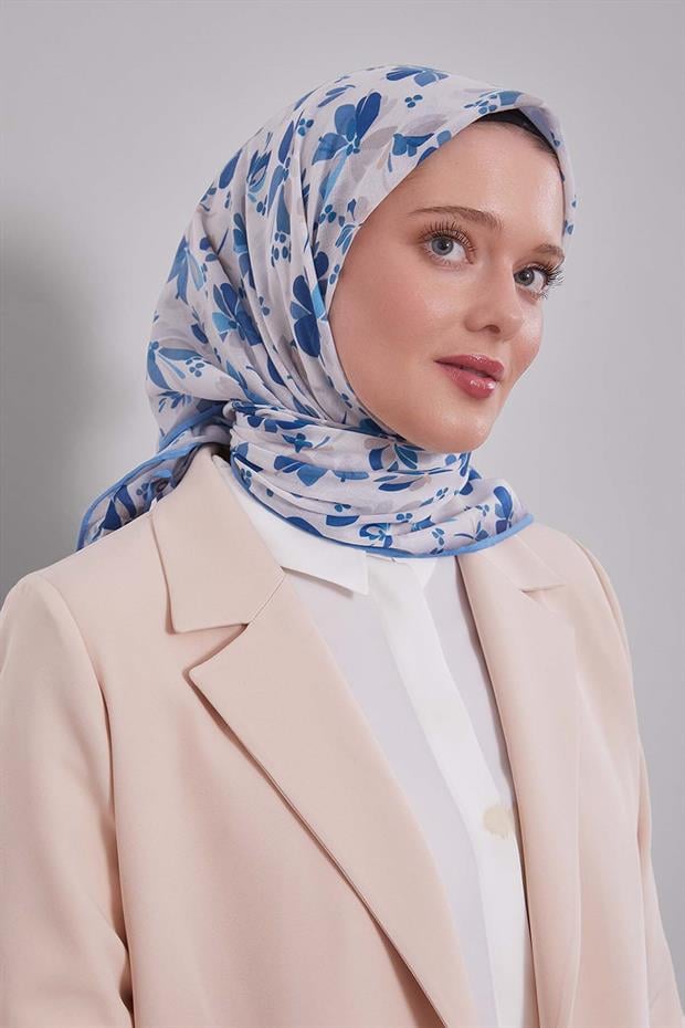 Mavi Çiçek Desen Soft Eşarp