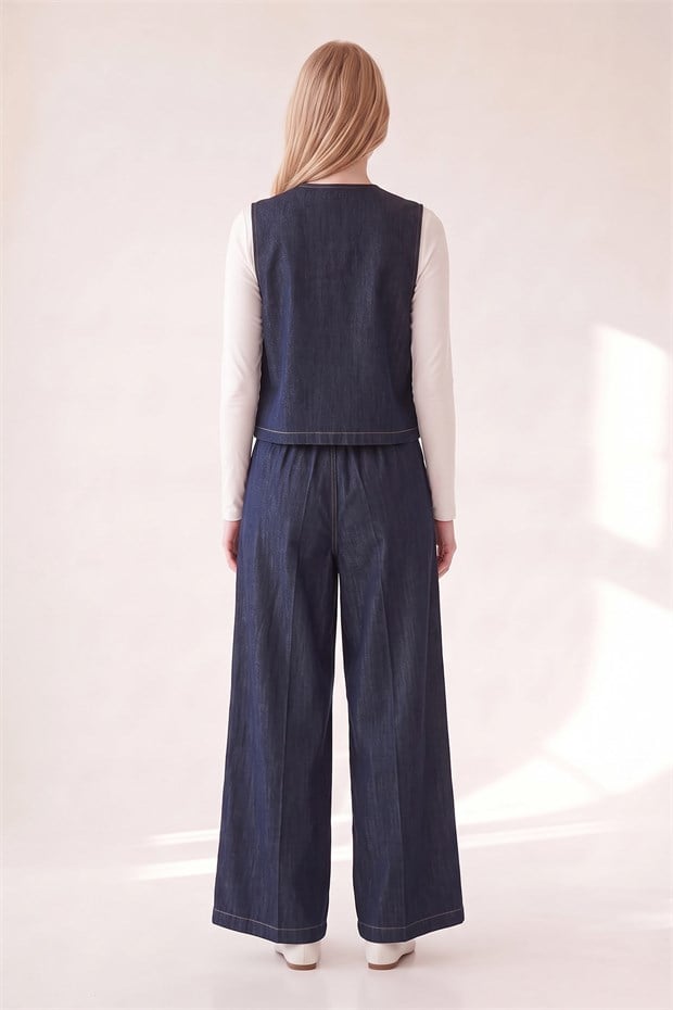 Çiçek Nakış Detaylı  Denim Yelek Mavi