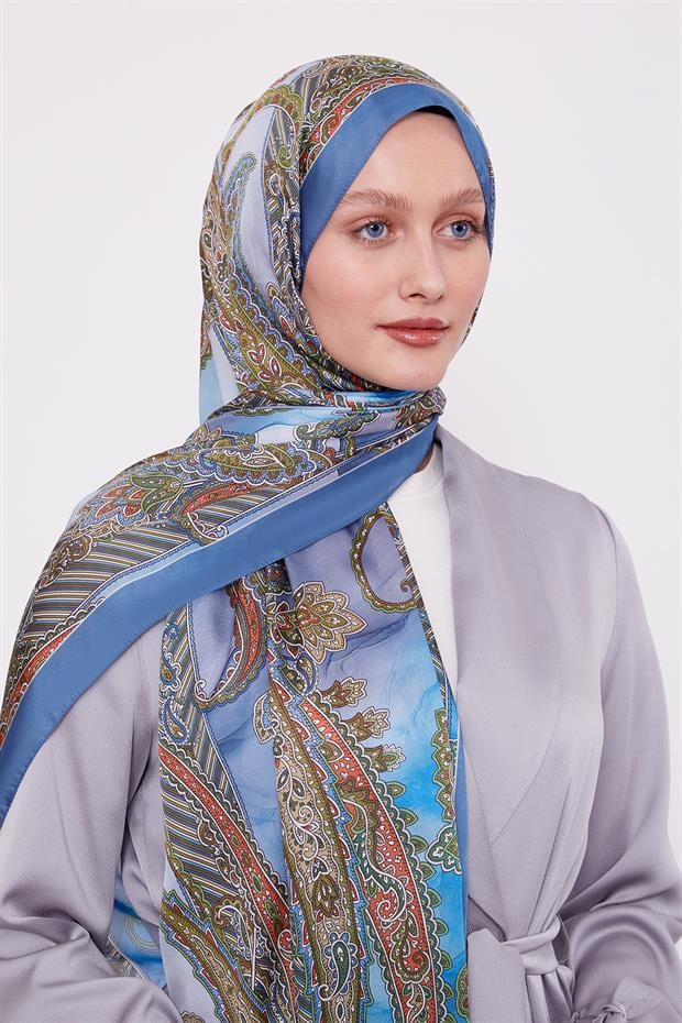 Mavi Çiçekli Hint İpeği Şal