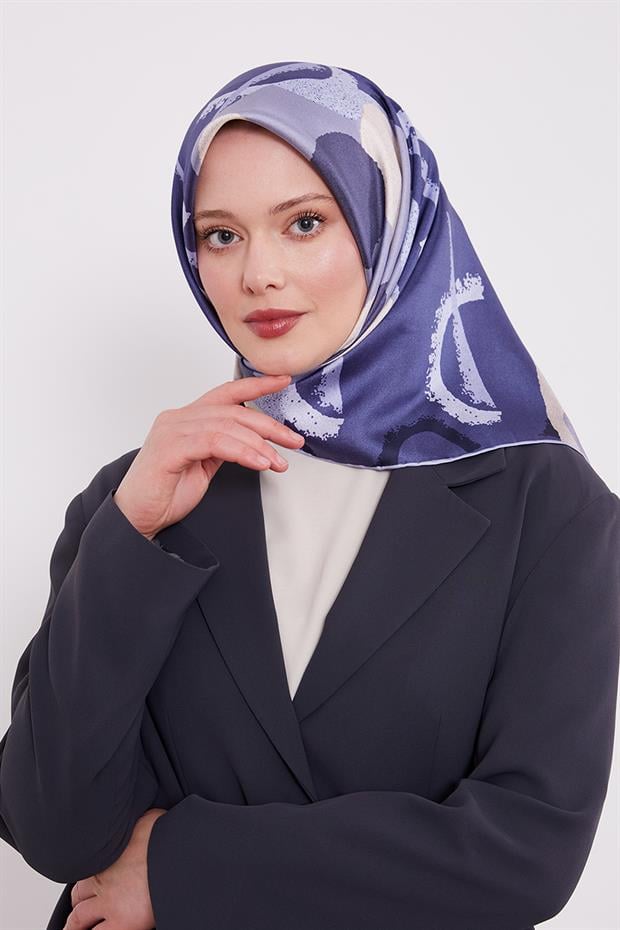 Mavi Yuvarlak Desen Twill İpek Eşarp