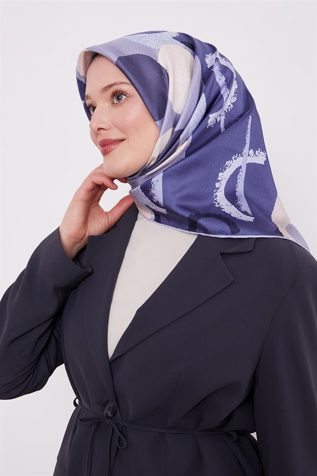 Mavi Yuvarlak Desen Twill İpek Eşarp