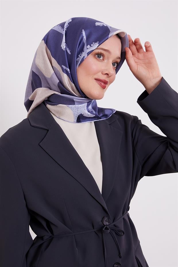 Mavi Yuvarlak Desen Twill İpek Eşarp