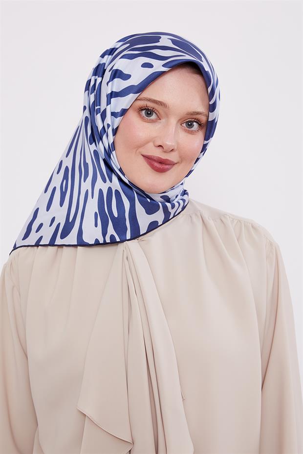 Mavi Büyük Leopar Desen Twill İpek Eşarp
