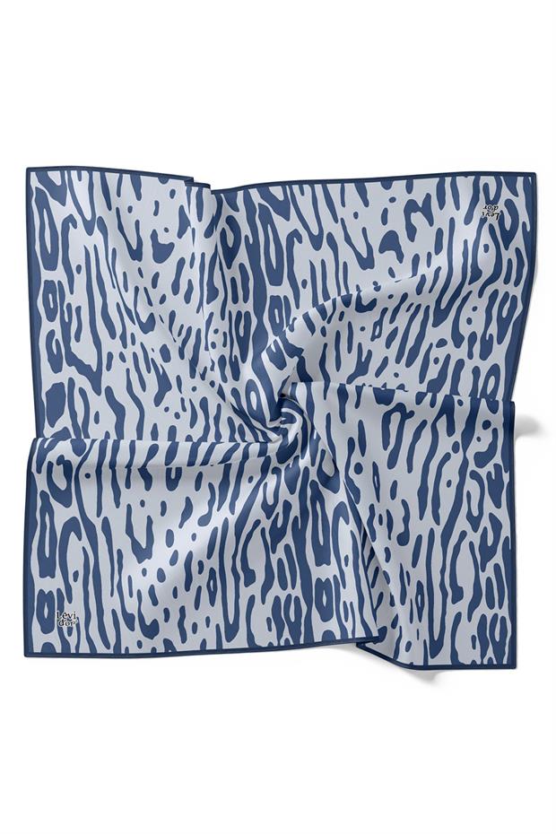 Mavi Büyük Leopar Desen Twill İpek Eşarp
