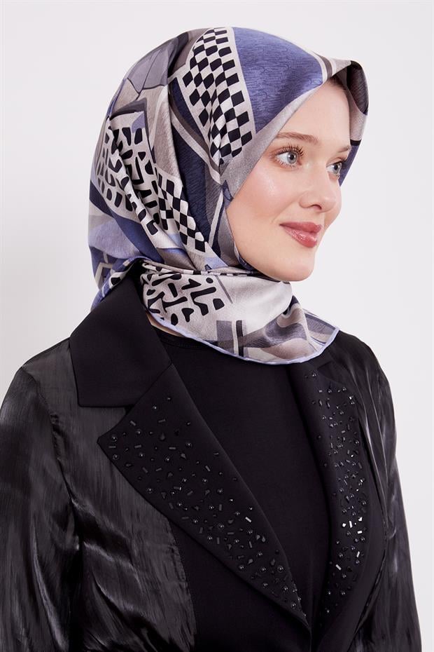 Mavi Dama Desen Twill İpek Eşarp