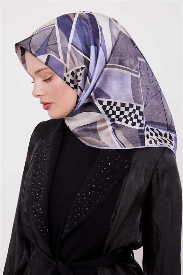 Mavi Dama Desen Twill İpek Eşarp