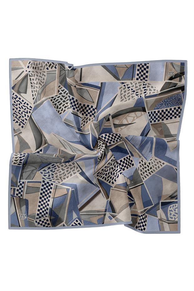 Mavi Dama Desen Twill İpek Eşarp