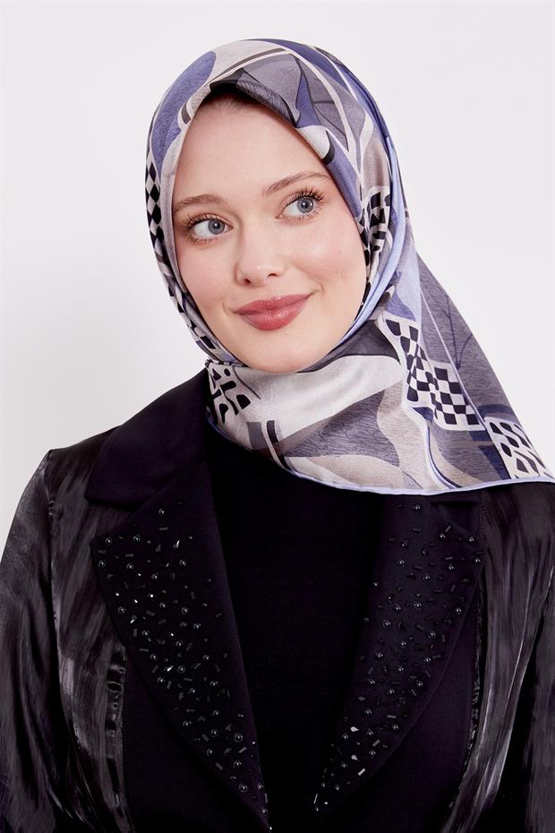 Mavi Dama Desen Twill İpek Eşarp