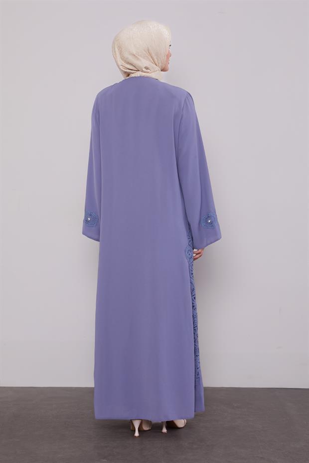 Mavi Dantel Detaylı Cepli Ferace