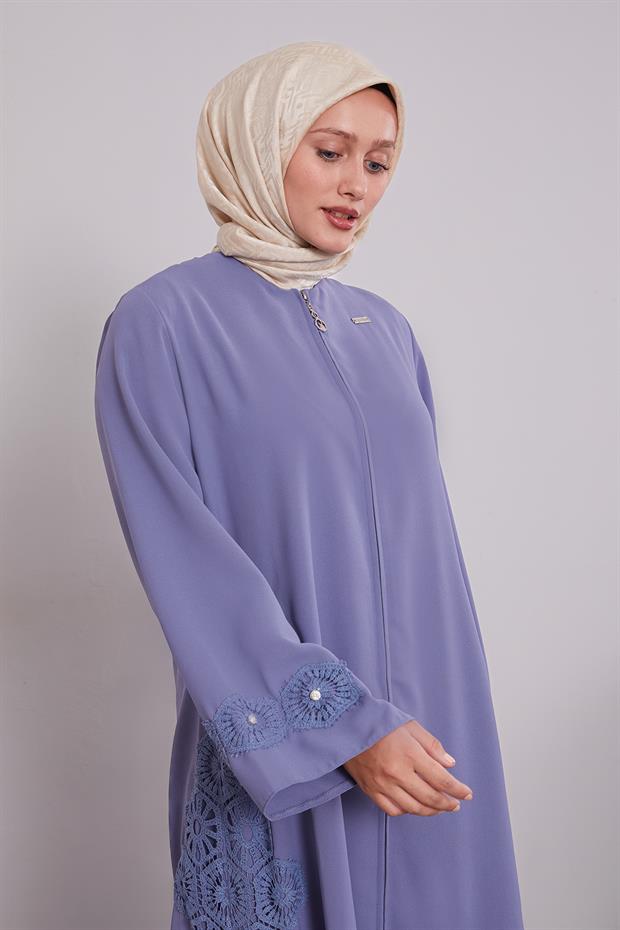 Mavi Dantel Detaylı Cepli Ferace