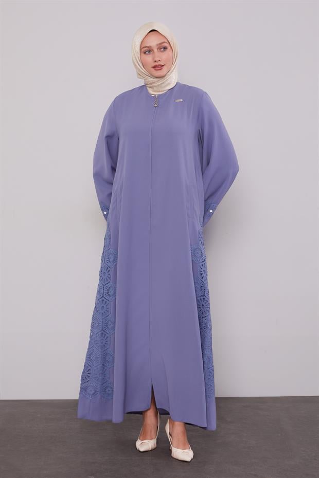 Mavi Dantel Detaylı Cepli Ferace