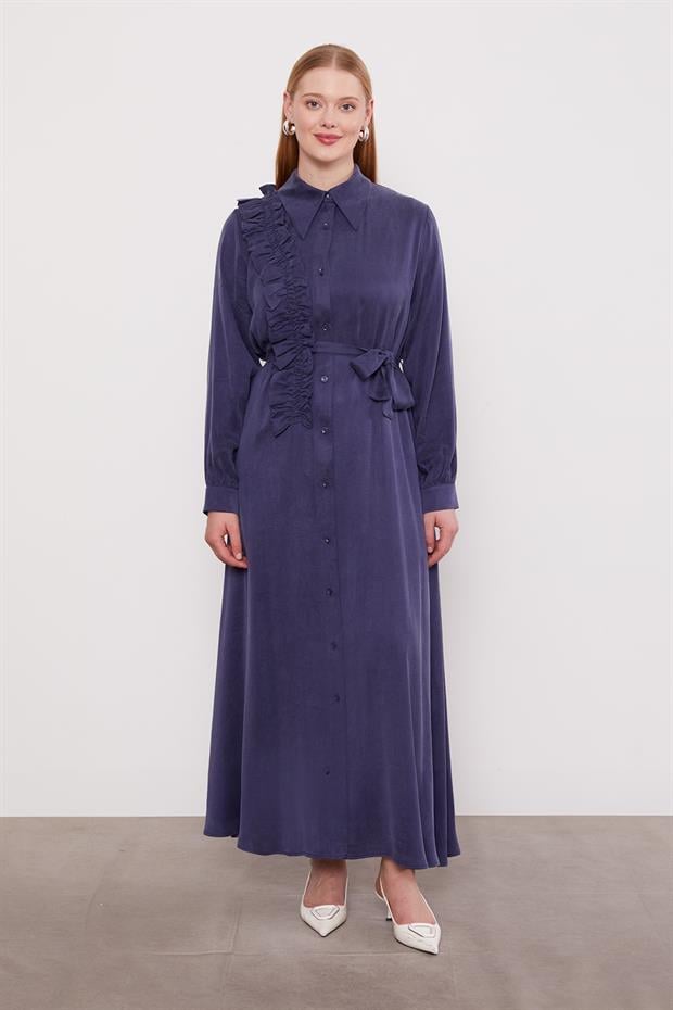 Mavi Düğme Detaylı Cupra Elbise