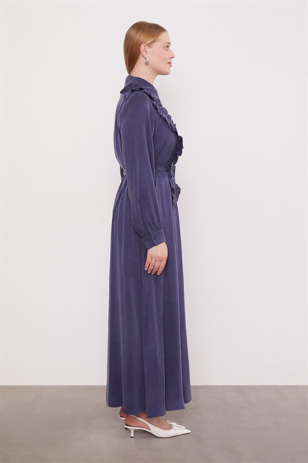Mavi Düğme Detaylı Cupra Elbise
