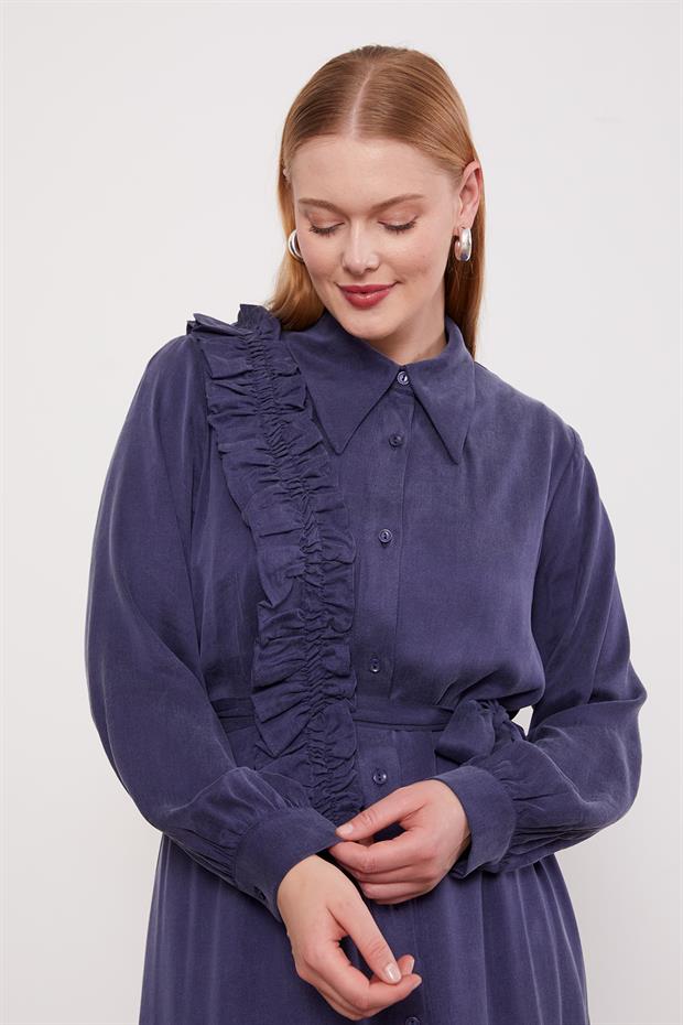 Mavi Düğme Detaylı Cupra Elbise