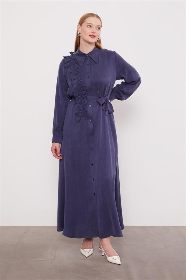 Mavi Düğme Detaylı Cupra Elbise