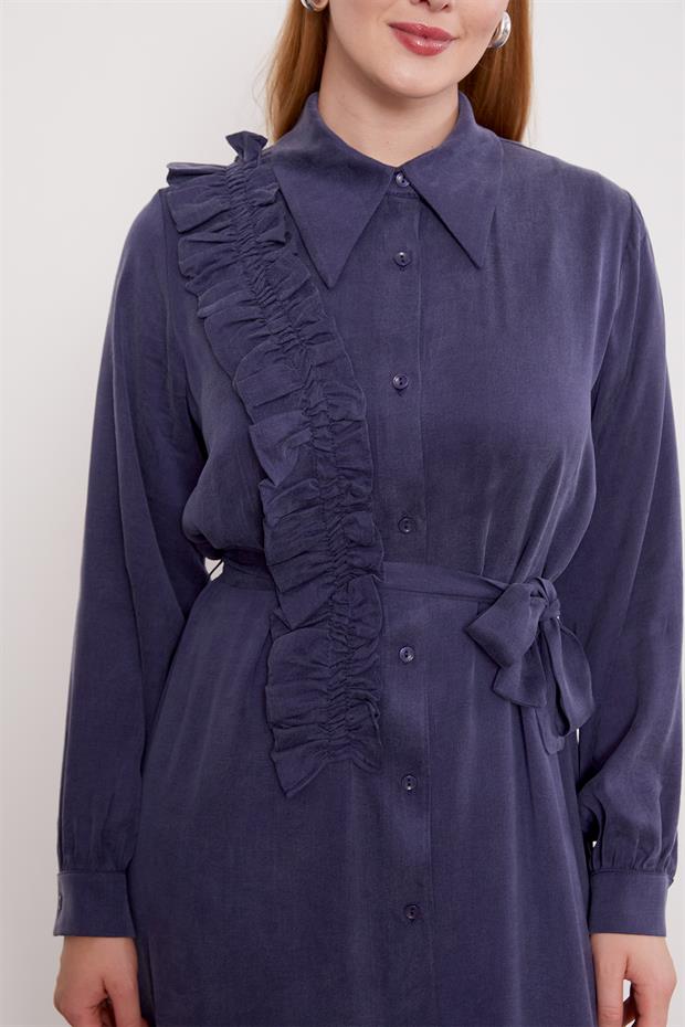 Mavi Düğme Detaylı Cupra Elbise