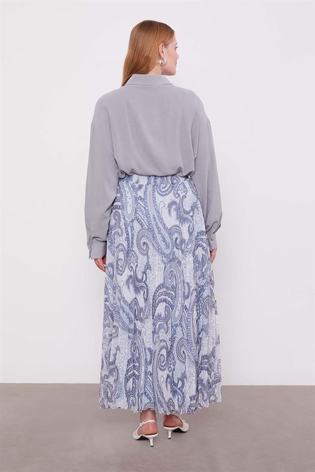 Mavi Etnik Desen Piliseli Etek