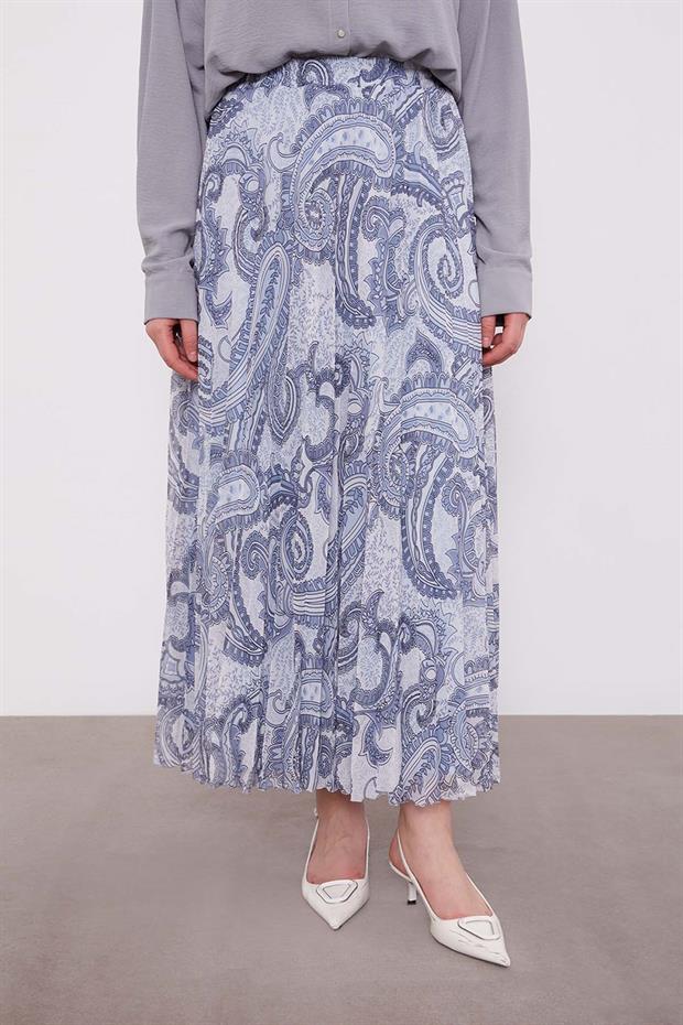 Mavi Etnik Desen Piliseli Etek