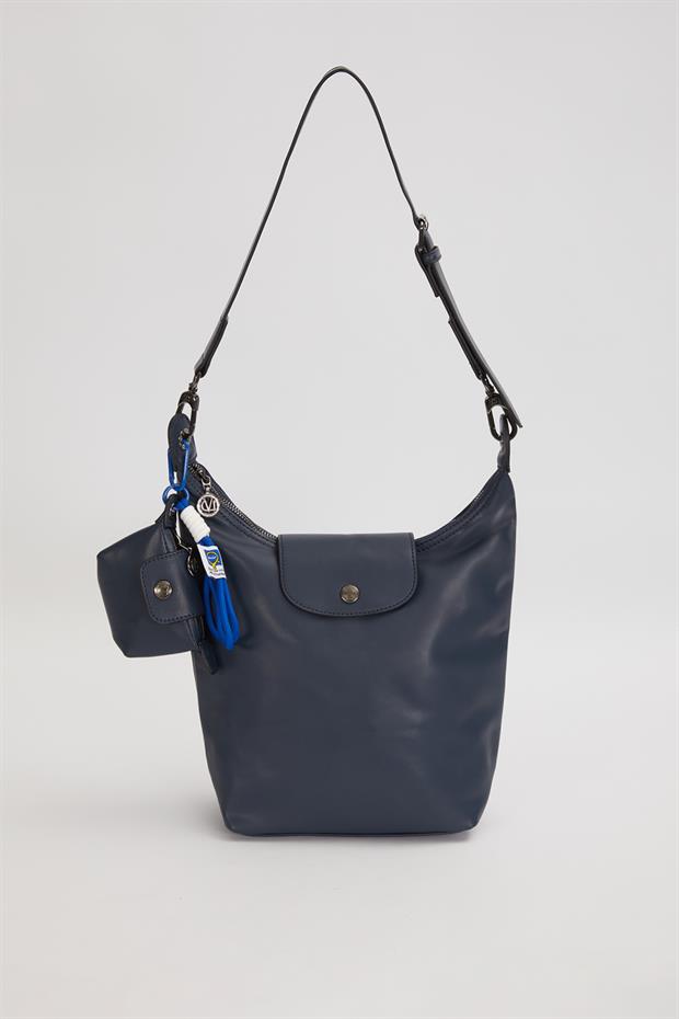 Mavi Geniş Fermuar Detaylı Omuz Çantası