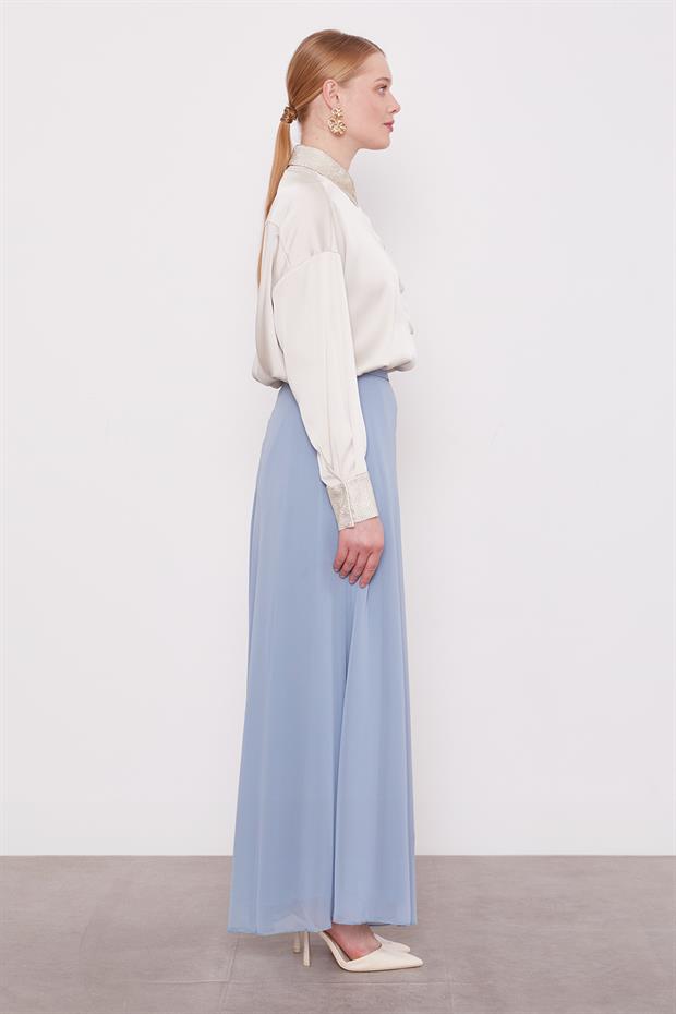 Mavi Geniş Paçalı Şifon Pantolon