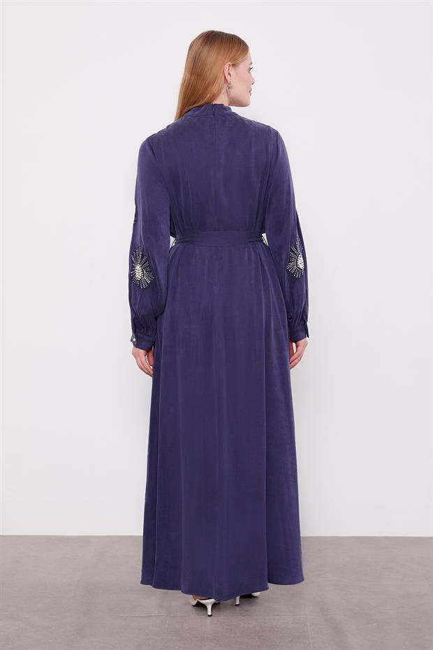 Mavi İnci Nakış Detaylı Cuıpra Elbise