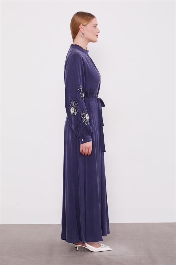 Mavi İnci Nakış Detaylı Cuıpra Elbise