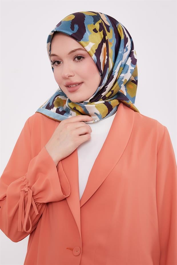 Mavi Kamuflaj Desen Twill İpek Eşarp