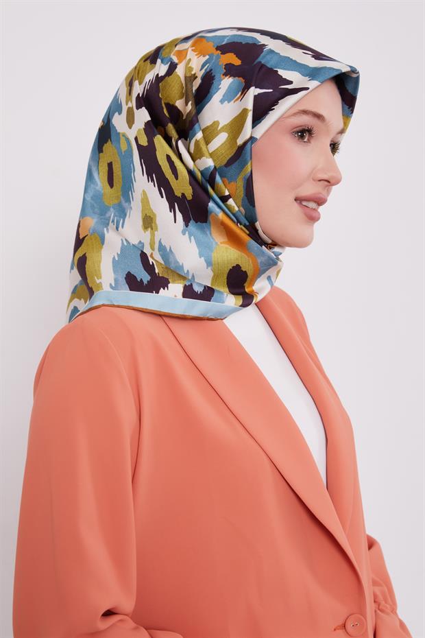 Mavi Kamuflaj Desen Twill İpek Eşarp