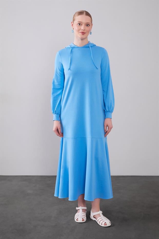 Mavi Kapuşonlu Gizli Cep Detaylı Elbise