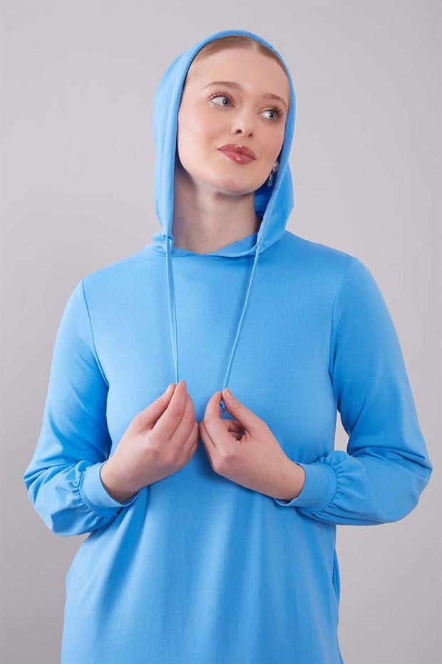 Mavi Kapuşonlu Gizli Cep Detaylı Elbise