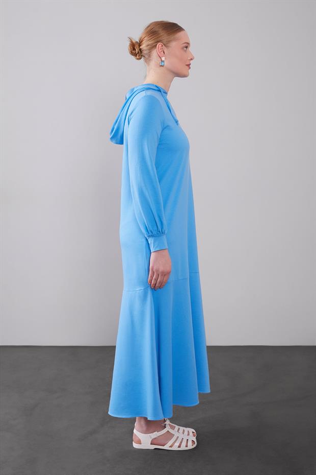 Mavi Kapuşonlu Gizli Cep Detaylı Elbise