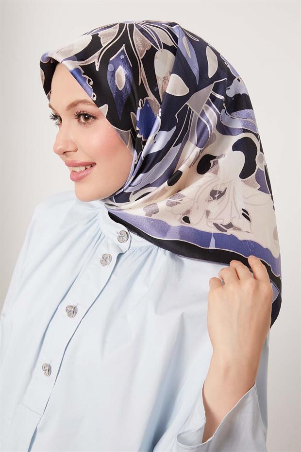 Mavi Karışık Çiçek Desen Twill İpek Eşarp