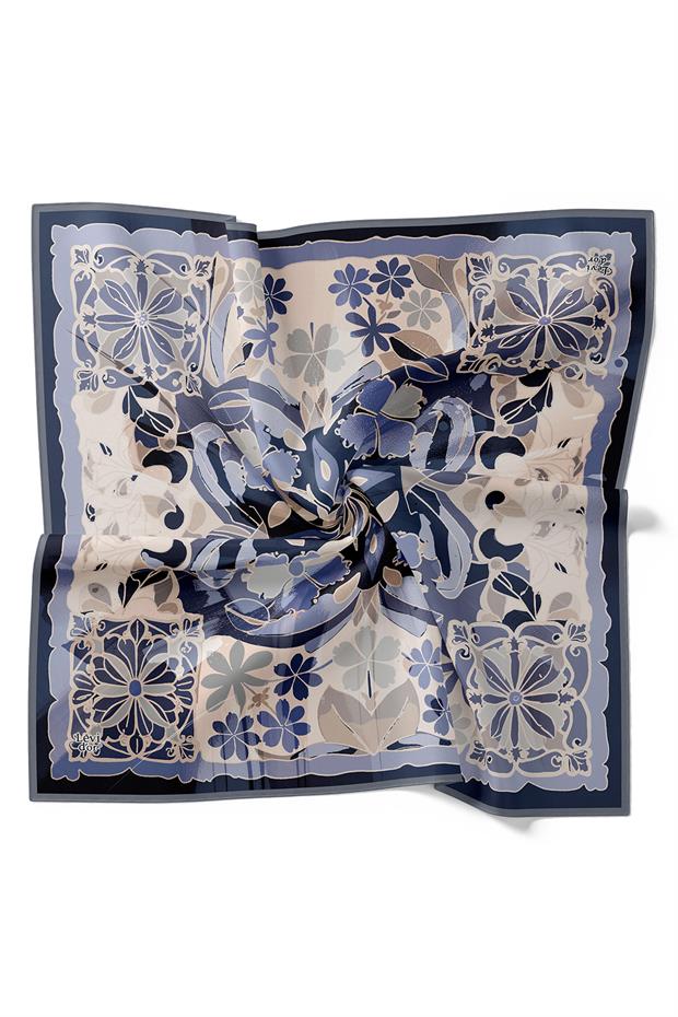 Mavi Karışık Çiçek Desen Twill İpek Eşarp