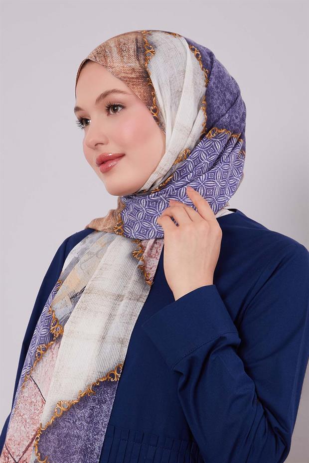 Mavi Karışık Desen Pamuk Şal