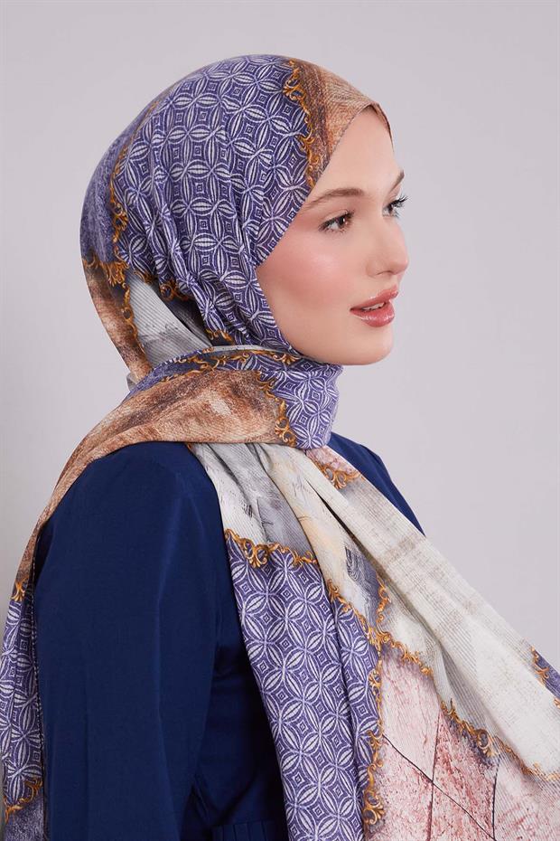 Mavi Karışık Desen Pamuk Şal