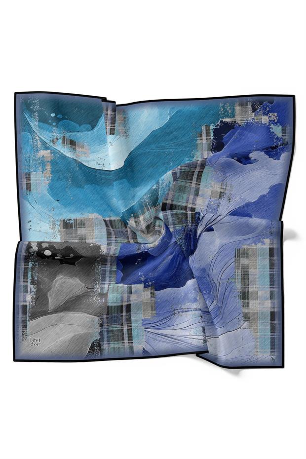 Mavi İnce Çizgi Desen Twill İpek Eşarp