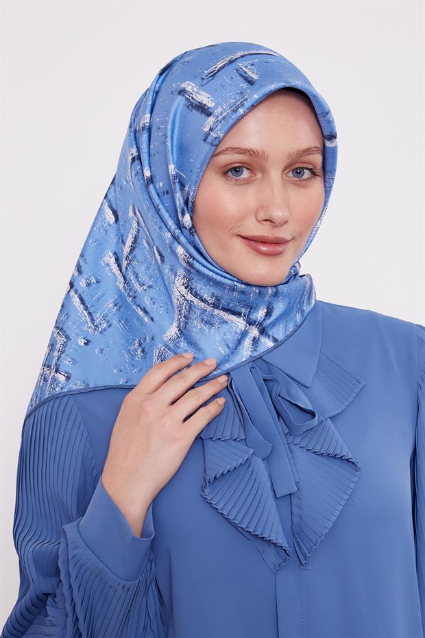 Mavi Karışık Fırça Desen Twill İpek Eşarp