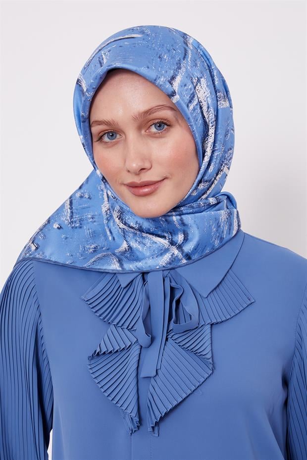 Mavi Karışık Fırça Desen Twill İpek Eşarp