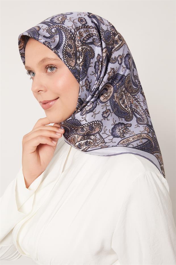 Mavi Karışık Retro Twill İpek Eşarp