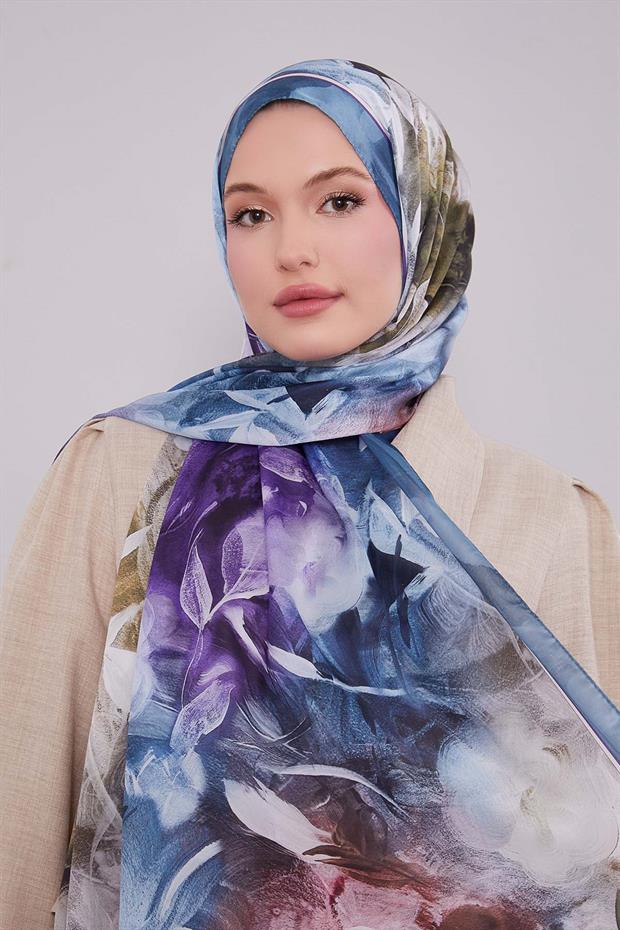 Mavi Karışık Yaprak Desen Hint İpeği Şal