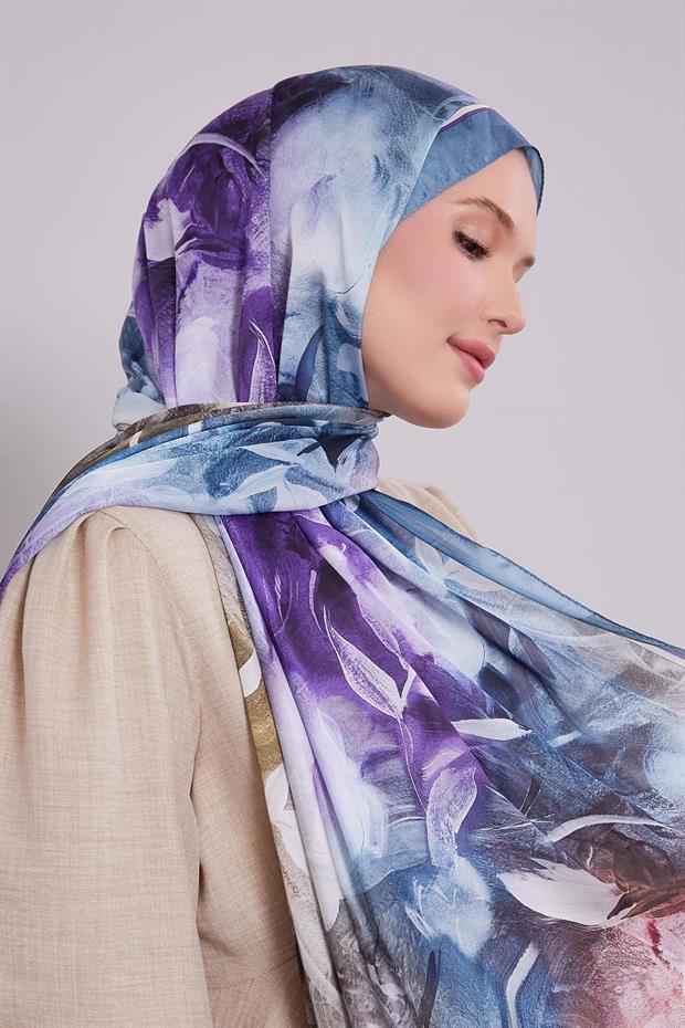 Mavi Karışık Yaprak Desen Hint İpeği Şal