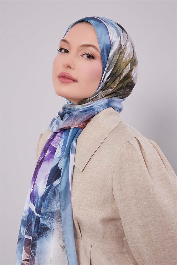 Mavi Karışık Yaprak Desen Hint İpeği Şal