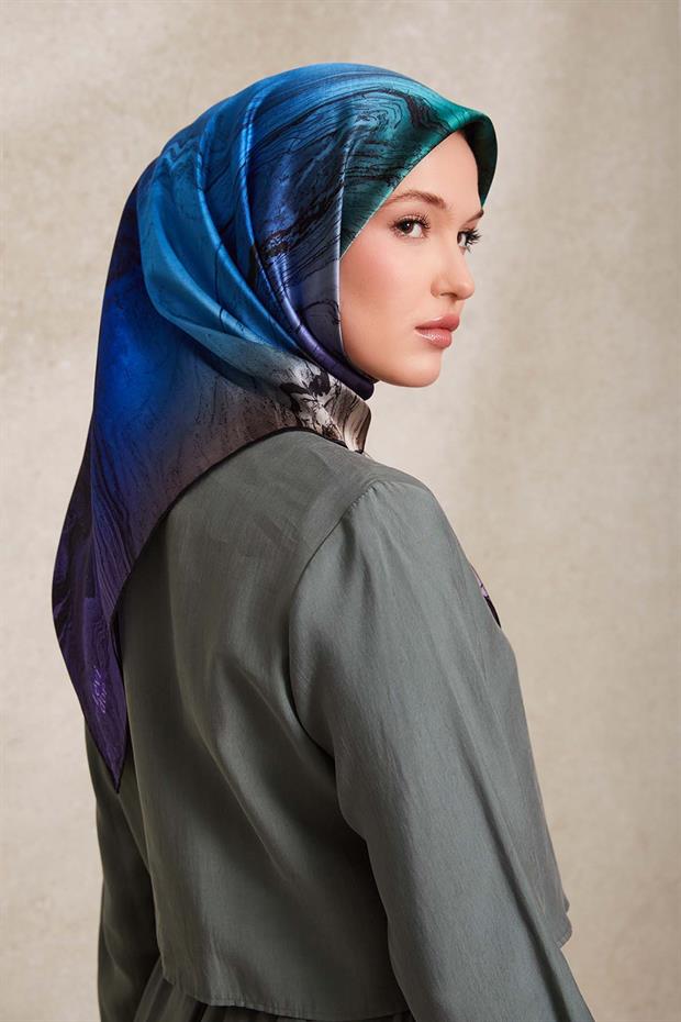 Mavi Karmaşık Desen Twill İpek Eşarp