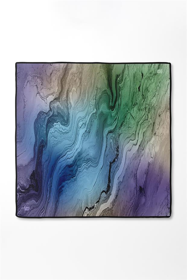 Mavi Karmaşık Desen Twill İpek Eşarp