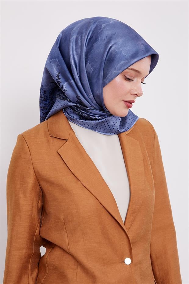 Mavi Kenar Benekli Twill İpek Eşarp
